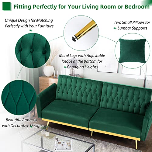 ACMEASE 70” Velvet Futon Sofa Bed w/Adjustable Backrests and Armrests, Convertible Futon Couch with Two Pillows, Modern Tufted Sleeper Bed for Living Room, Bedroom,Green