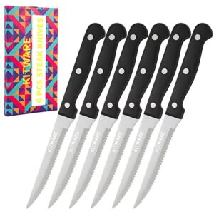 kitware steak knives set in gift box,4.5 inch sharp steak knives set of 6, serrated edge knife with black handle,stainless steel knifes for bread, butter and meat