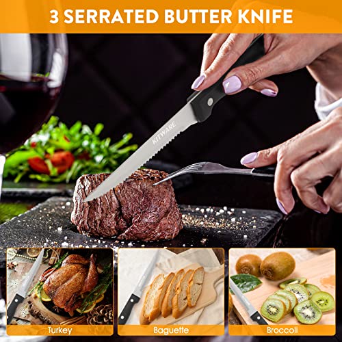 KITWARE Steak Knives Set in Gift Box,4.5 inch Sharp Steak Knives Set of 6, Serrated Edge Knife with Black Handle,Stainless Steel Knifes for Bread, Butter and Meat
