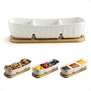 3 compartment condiment tray hospitality tray, chip and dip bowl with wooden serving tray, perfect for snacks, appetizers, charcuterie, chips, candy, 10-inch dip trays for parties