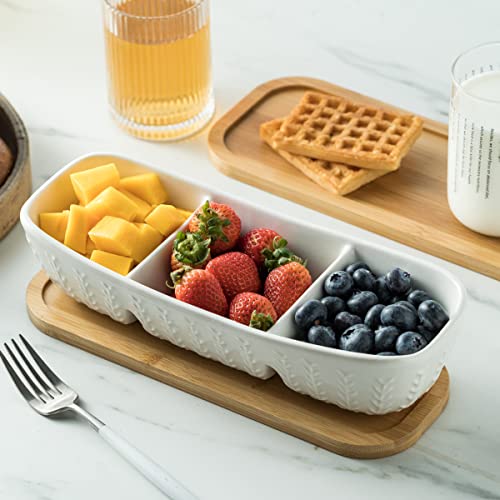 3 Compartment Condiment Tray Hospitality Tray, Chip and Dip Bowl with Wooden Serving Tray, Perfect for Snacks, Appetizers, Charcuterie, Chips, Candy, 10-inch Dip Trays for Parties