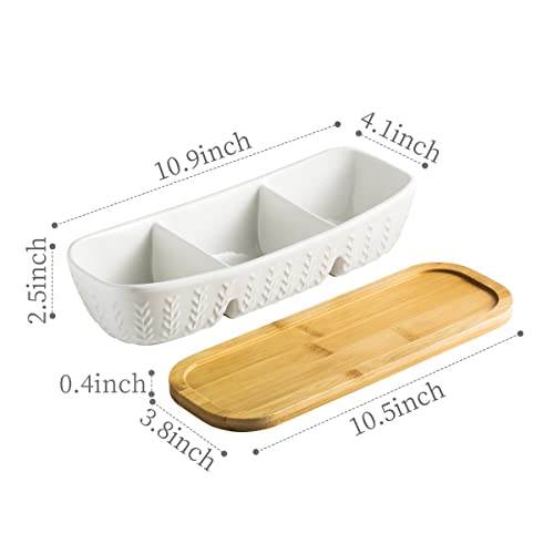 3 Compartment Condiment Tray Hospitality Tray, Chip and Dip Bowl with Wooden Serving Tray, Perfect for Snacks, Appetizers, Charcuterie, Chips, Candy, 10-inch Dip Trays for Parties