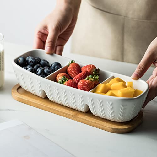 3 Compartment Condiment Tray Hospitality Tray, Chip and Dip Bowl with Wooden Serving Tray, Perfect for Snacks, Appetizers, Charcuterie, Chips, Candy, 10-inch Dip Trays for Parties