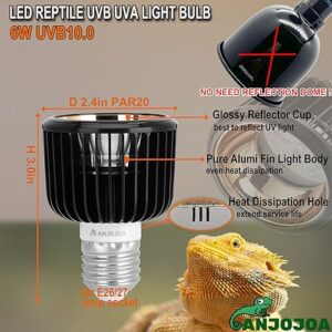 ANJOJOA UVB Reptile Light Bulb LED 6-Watt High UVB UVA Output 10.0 Bulb Reflection Dome Structure PSE Certification for Bearded Dragons Lizards Leopard Geckos Tortoises