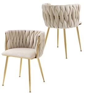 nrizc velvet dining chairs set of 2, woven upholstered dining chairs with gold metal legs, modern accent chairs for living room, dining room, kitchen