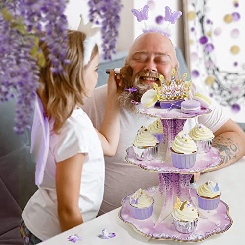 Purple Cupcake Stand for Girls Birthday Party Decorations Lavender Floral Crown Theme Coming of Age Quinceanera Party Cake Serving Tray Princess Wedding Bridal Baby Shower Party Supplies