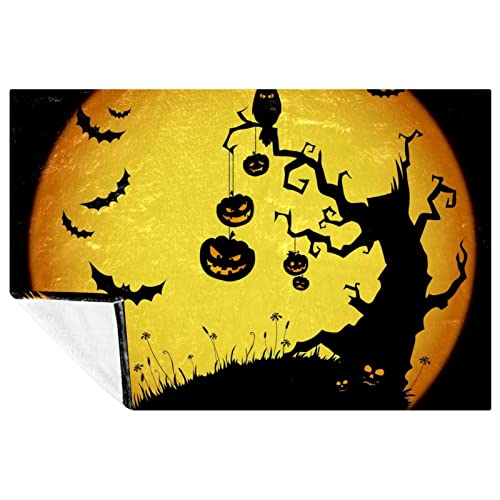 Halloween Dead Tree with Flying Bats Pumpkin on Full Moon Prints Soft Warm Cozy Blanket Throw for Bed Couch Sofa Picnic Camping Beach, 150×100cm