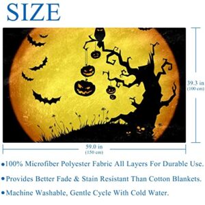 Halloween Dead Tree with Flying Bats Pumpkin on Full Moon Prints Soft Warm Cozy Blanket Throw for Bed Couch Sofa Picnic Camping Beach, 150×100cm