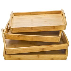 peohud 4 pack bamboo serving trays with handles, rectangular kitchen food tray for eating, dinner trays for eating on couch, wood serving platter for breakfast, tea, bar, restaurant, party or bed