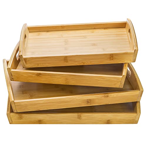 Peohud 4 Pack Bamboo Serving Trays with Handles, Rectangular Kitchen Food Tray for Eating, Dinner trays for Eating on Couch, Wood Serving Platter for Breakfast, Tea, Bar, Restaurant, Party or Bed