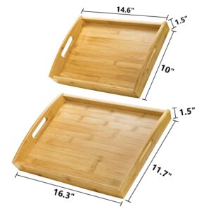 Peohud 4 Pack Bamboo Serving Trays with Handles, Rectangular Kitchen Food Tray for Eating, Dinner trays for Eating on Couch, Wood Serving Platter for Breakfast, Tea, Bar, Restaurant, Party or Bed