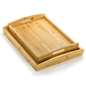 Peohud 4 Pack Bamboo Serving Trays with Handles, Rectangular Kitchen Food Tray for Eating, Dinner trays for Eating on Couch, Wood Serving Platter for Breakfast, Tea, Bar, Restaurant, Party or Bed