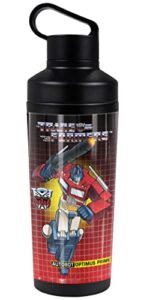 transformers official optimus prime 18 oz insulated water bottle, leak resistant, vacuum insulated stainless steel with 2-in-1 loop cap