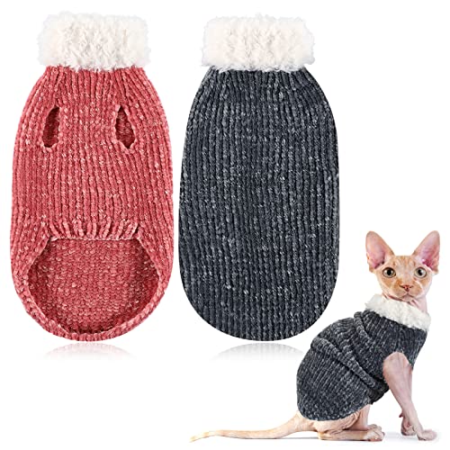 2 Pieces Sphynx Cat Clothes, Winter Warm Faux Fur Sweater Outfit High Collar Cat Apparel Hairless Cat Sweaters Hairless Cats Vest Turtleneck for Hairless Cat Shirts Sweaters (Pink, Gray)