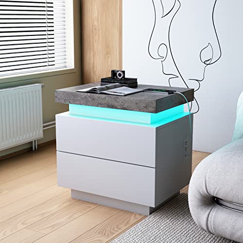 LED Nightstand with Charging Station - Solid Wood LED Bedside Tables End Side Table with 2 USB Ports and 2 AC Outlets - Easy Assembly Modern Night Stands for Bedroom with 2 Sliding Drawers - White