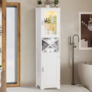 quimoo bathroom cabinet, storage cabinet with 2 doors & led sensor light, tall bathroom storage cabinet with 3 adjustable shelves, linen tower floor cabinet for living room, bedroom, white