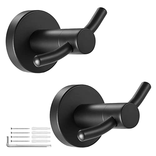 glewou Towel Hooks, Matte Black Stainless Steel Double Wall Hooks, Heavy Duty Wall Mounted Hook for Hanging Coat, Robe, and Hanger for Bathrooms, Bedroom, Kitchen, Garage (2 Pack)