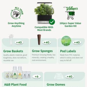 GardenCube 166pcs Hydroponic Pods Kit: Grow Anything Kit with 40 Grow Sponges, 40 Grow Baskets, 40 Grow Domes, 40 Pod Labels, 6 A&B Plant Food - Compatible with Hydroponics Supplies from All Brands