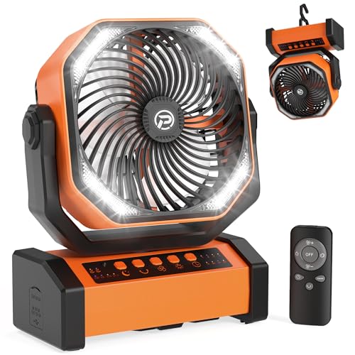 PANERGY Portable Camping Fan with LED Lantern, 20000mAh Rechargeable Battery Operated USB Fan, Auto-Oscillating Desk Fan with Remote, 4 Speeds 4 Timers Tent Fan for Jobsite, Power Outage, Hurricane