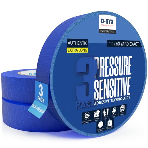 Professional Painters Tape 1inch x 60 Yards | Sharp Edge Line Technology Residue-Free MultiSurface Painter Tape | Automotive Refinish Paper Masking Paint Rolls for Wall Art Renovation (3 PACK -BLUE)