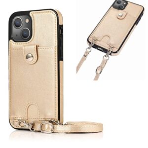 jaorty phone case for iphone 14 with card holder for women men,iphone 14 crossbody cases with strap lanyard for girl,pu leather anti-lost strap case for iphone 14 6.1",gold