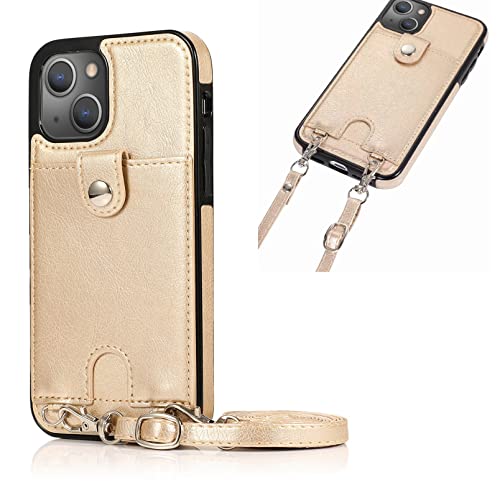 Jaorty Phone Case for iPhone 14 with Card Holder for Women Men,iPhone 14 Crossbody Cases with Strap Lanyard for Girl,PU Leather Anti-Lost Strap Case for iPhone 14 6.1",Gold