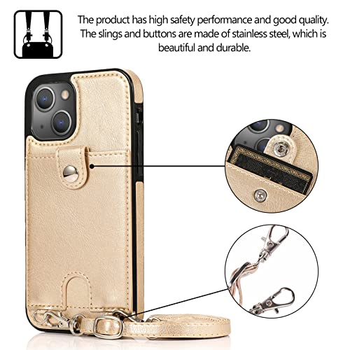 Jaorty Phone Case for iPhone 14 with Card Holder for Women Men,iPhone 14 Crossbody Cases with Strap Lanyard for Girl,PU Leather Anti-Lost Strap Case for iPhone 14 6.1",Gold