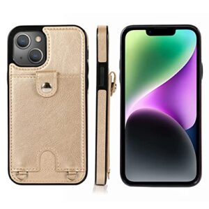 Jaorty Phone Case for iPhone 14 with Card Holder for Women Men,iPhone 14 Crossbody Cases with Strap Lanyard for Girl,PU Leather Anti-Lost Strap Case for iPhone 14 6.1",Gold