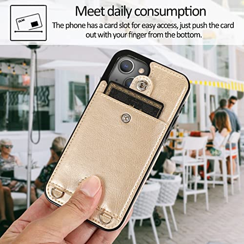 Jaorty Phone Case for iPhone 14 with Card Holder for Women Men,iPhone 14 Crossbody Cases with Strap Lanyard for Girl,PU Leather Anti-Lost Strap Case for iPhone 14 6.1",Gold