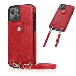 jaorty phone case for iphone 14 plus with card holder for women men,iphone 14 plus crossbody cases with strap lanyard for girl,pu leather anti-lost strap case for iphone 14 plus 6.7",red