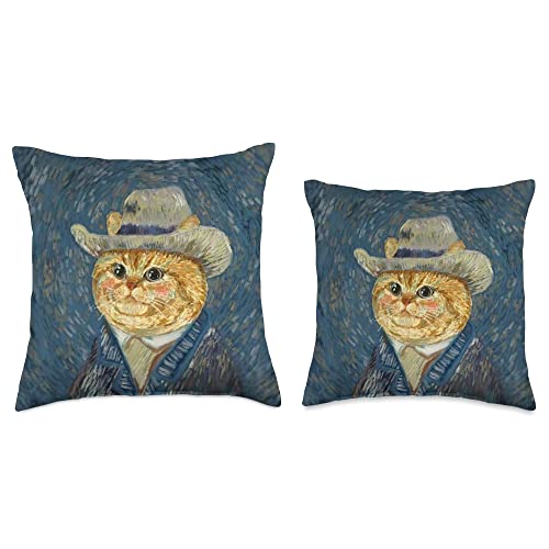 Art Cat Lover Cute Kitten Shirts Vincent Meow Funny Starry Night Van Gogh Cat Throw Pillow, 16x16, Multicolor