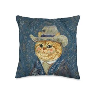 Art Cat Lover Cute Kitten Shirts Vincent Meow Funny Starry Night Van Gogh Cat Throw Pillow, 16x16, Multicolor