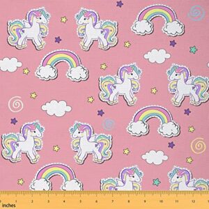 girls unicorn fabric, rainbow unicorn print upholstery fabric by the yard, cartoon kawaii white horse indoor outdoor fabric, galaxy stars fantasy decorative fabric for quilting sewing, 1 yard, pink