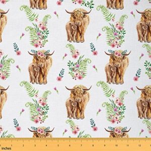 highland cow fabric by the yard, flower bull cattle upholstery fabric for chairs sofa, western funny animal decorative fabric, wildlife farmhouse cow indoor outdoor fabric diy sewing, 3 yards, white