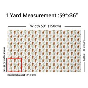 Highland Cow Fabric by The Yard, Flower Bull Cattle Upholstery Fabric for Chairs Sofa, Western Funny Animal Decorative Fabric, Wildlife Farmhouse Cow Indoor Outdoor Fabric DIY Sewing, 3 Yards, White