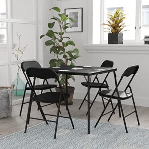 hbcy creations 5 piece commercial folding card table and chair set - black vinyl tabletop - black metal frames - seating for 4