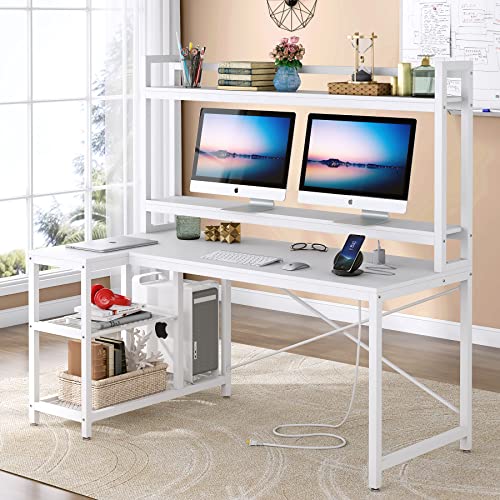 TIYASE Computer Desk with Hutch and Storage Shelves, 51 inch L-Shaped Corner Computer Desk with Power Outlet & Monitor Stand, Large Home Office Study Writing Table with USB Port & Tower Shelf, White