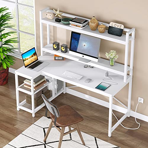 TIYASE Computer Desk with Hutch and Storage Shelves, 51 inch L-Shaped Corner Computer Desk with Power Outlet & Monitor Stand, Large Home Office Study Writing Table with USB Port & Tower Shelf, White