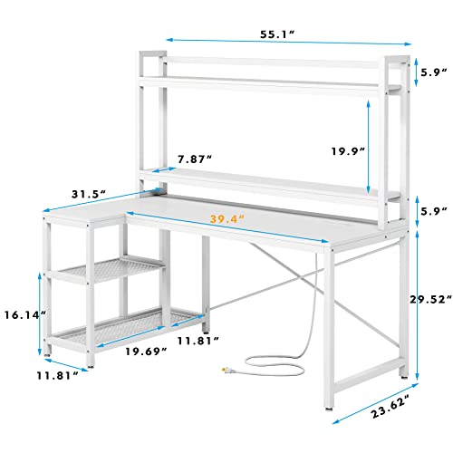 TIYASE Computer Desk with Hutch and Storage Shelves, 51 inch L-Shaped Corner Computer Desk with Power Outlet & Monitor Stand, Large Home Office Study Writing Table with USB Port & Tower Shelf, White