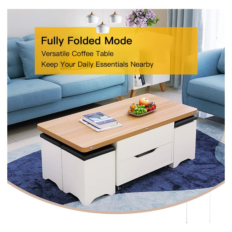 PIAQIA Convertible Folding Dining Table Set for 8, Multifunctional Lift Top Coffee Table with 4 Storage Ottoman, Space Saving Extendable Table for Compact Living Space, 47.2" Width