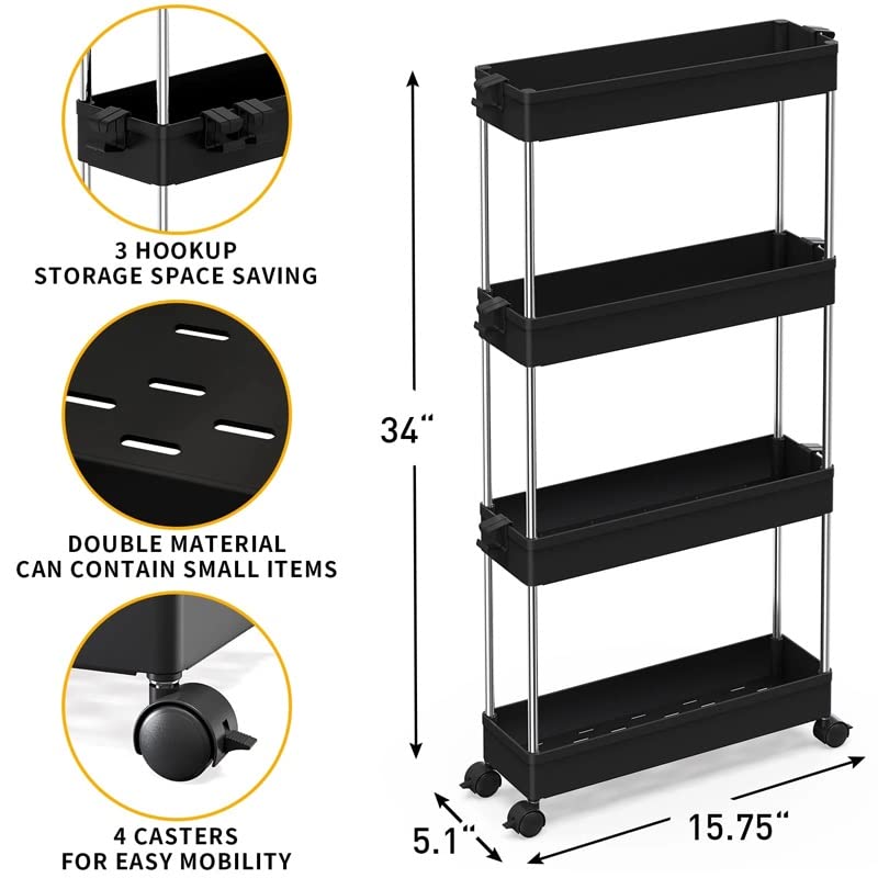N/A 4 Tier Slim Mobile Storage cart Rack Storage Basket for Bathroom Laundry Narrow Place (Color : A, Size : 34cm*15.75cm)