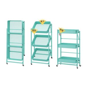 N/A Metal 3 Tier Folding Trolley Wheeled Kitchen Storage Shelf Trolley (Color : A, Size : 78cm*45cm)