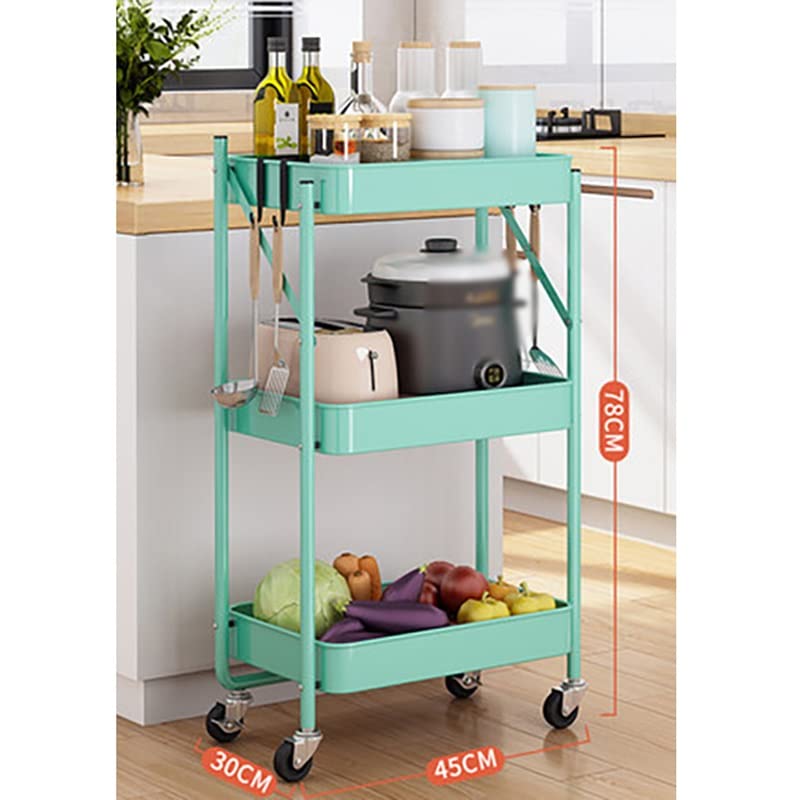 N/A Metal 3 Tier Folding Trolley Wheeled Kitchen Storage Shelf Trolley (Color : A, Size : 78cm*45cm)