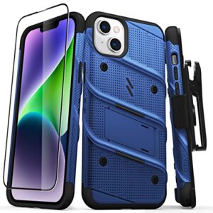 zizo bolt bundle for iphone 14 plus case with screen protector kickstand holster lanyard - blue