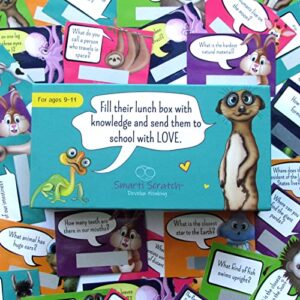smarti scratch 50 lunch box trivia notes for kids, with qr code that will take them to expended answer & inspirational and motivational thinking of you notes cards for boys & girls ages 9-11