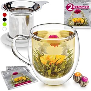 teabloom double-wall heatproof glass mug with stainless steel infuser and white lid – 15 oz / 430 ml – 2 blooming teas included