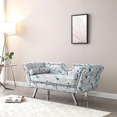 Homtique 61" Mid Century Modern Velvet Loveseat Sofa, Upholstered Loveseat Settee Accent Sofa for Bedroom, Living Room, Roll Arms Sofa with 2 Bolster Pillows, Small Couches for Small Spaces, Flower