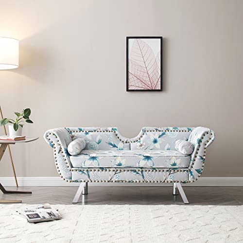 Homtique 61" Mid Century Modern Velvet Loveseat Sofa, Upholstered Loveseat Settee Accent Sofa for Bedroom, Living Room, Roll Arms Sofa with 2 Bolster Pillows, Small Couches for Small Spaces, Flower