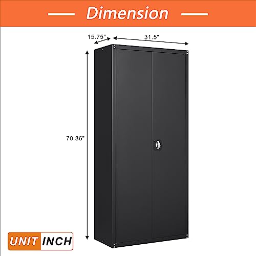 LUCYPAL Metal Storage Cabinet,71" Steel Office Cabinet with Storage Shelves and Double Doors for Garage and Utility Room, Home Office,Black