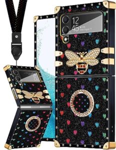 loheckle for samsung galaxy z flip 3 case for women, designer square cases for galaxy z flip 3 phone case with ring stand holder and lanyard, stylish bee luxury cover for samsung flip 3 6.7''